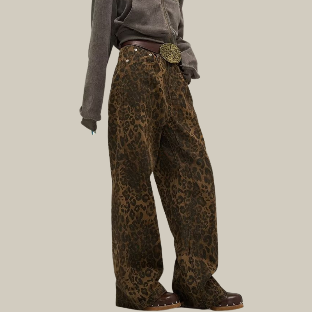 Sophie - Trendy Hoge Taille Wide-Leg Jeans met Luipaardprint