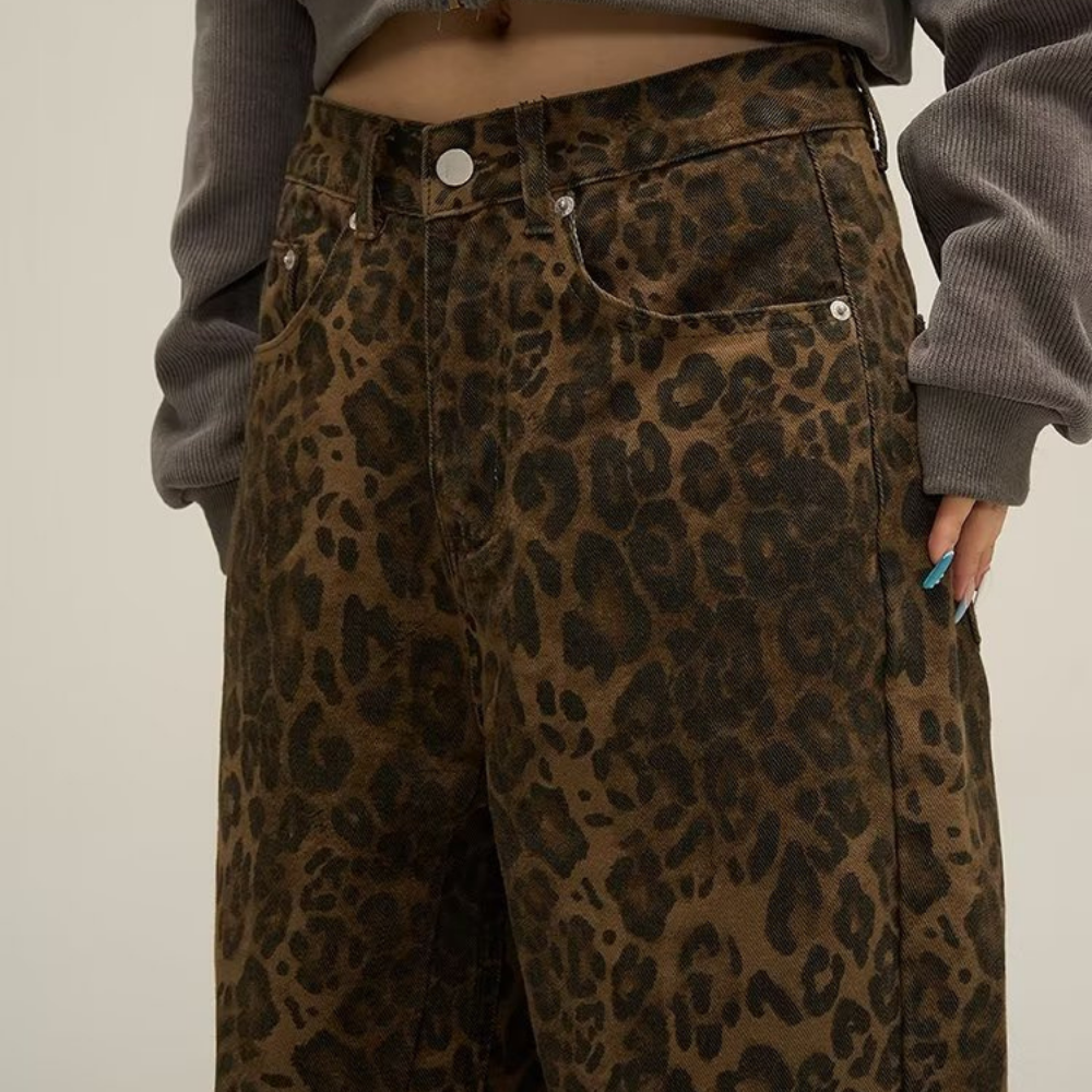 Sophie - Trendy Hoge Taille Wide-Leg Jeans met Luipaardprint