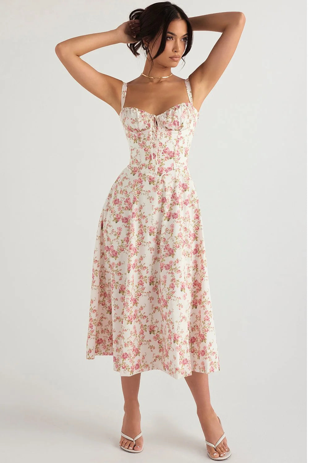 Amélie - Romantische Midi Jurk met Bloemenprint en Korset Top