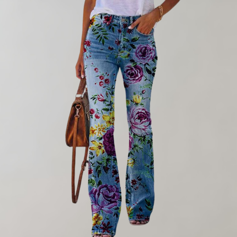 Olivia - Boho Flare Jeans, Hoge Taille Met Bloemenprint