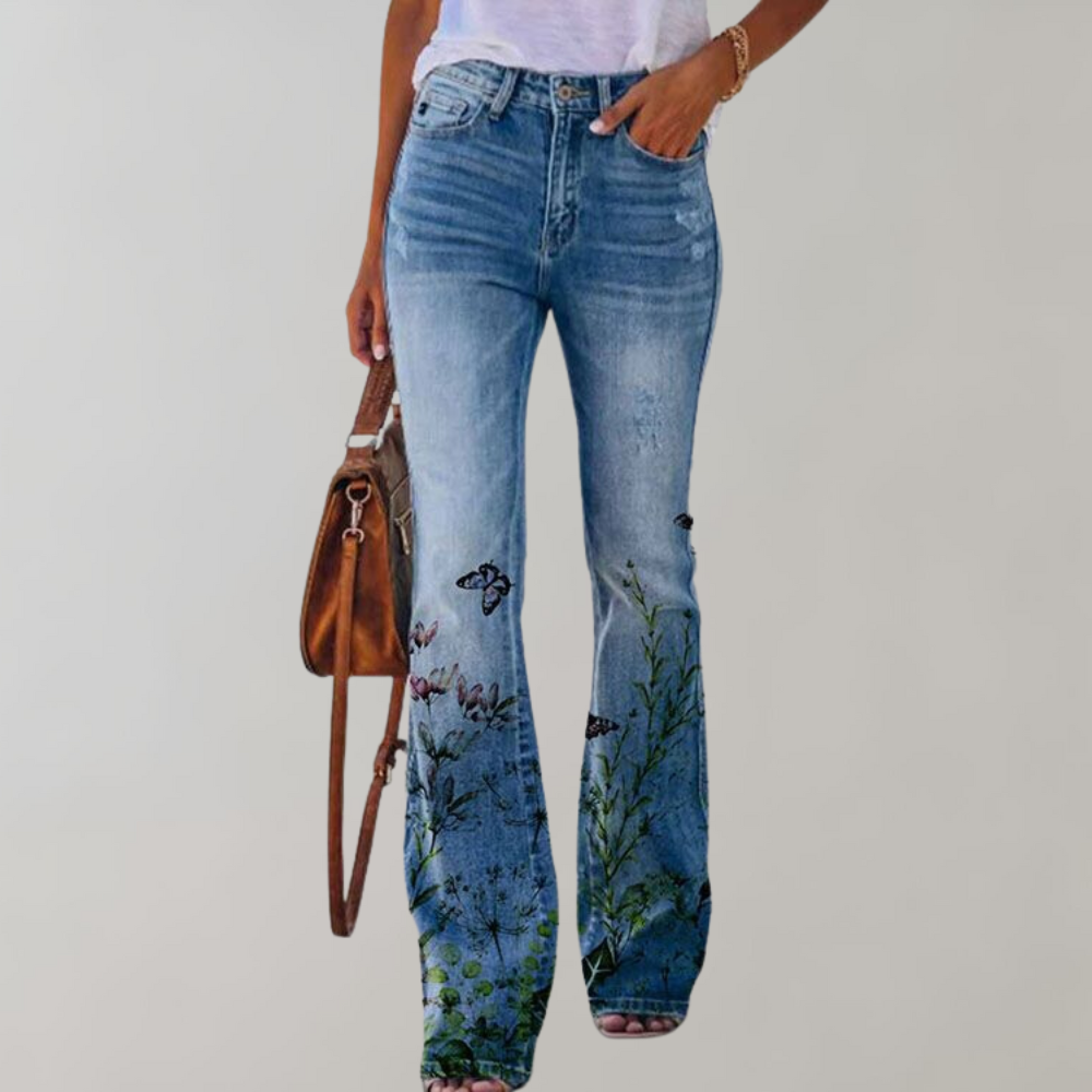 Olivia - Boho Flare Jeans, Hoge Taille Met Bloemenprint