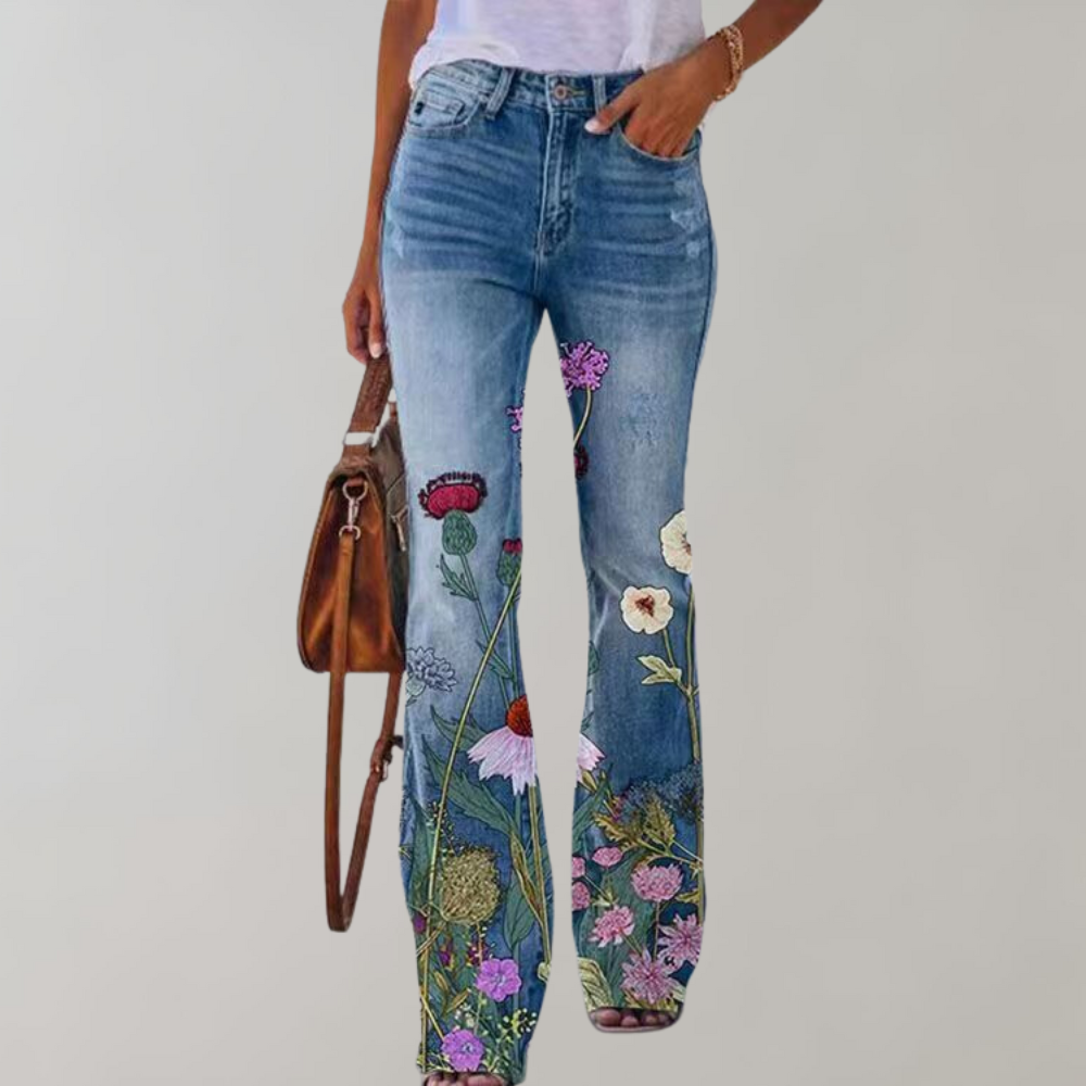 Olivia - Boho Flare Jeans, Hoge Taille Met Bloemenprint