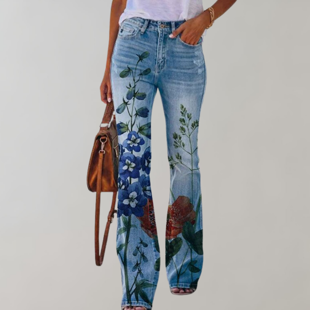 Olivia - Boho Flare Jeans, Hoge Taille Met Bloemenprint