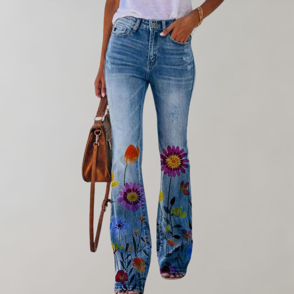 Olivia - Boho Flare Jeans, Hoge Taille Met Bloemenprint