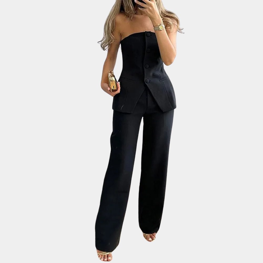 Dina - Chique Straploze Jumpsuit, Elegant met Knopen en Hoge Taille