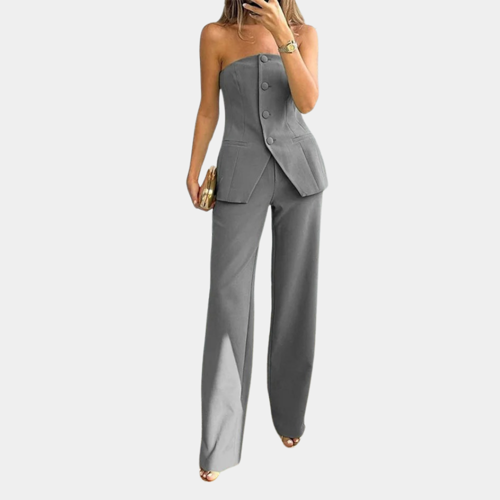 Dina - Chique Straploze Jumpsuit, Elegant met Knopen en Hoge Taille