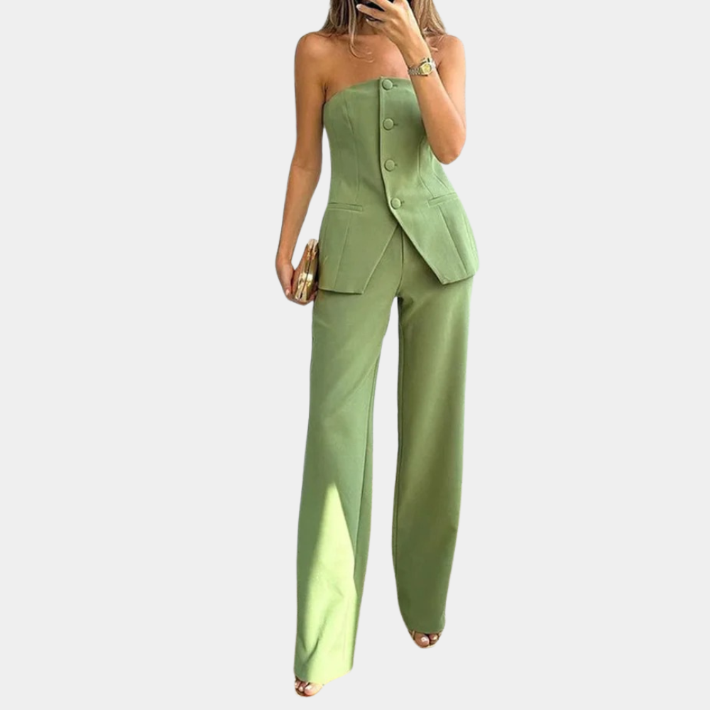 Dina - Chique Straploze Jumpsuit, Elegant met Knopen en Hoge Taille