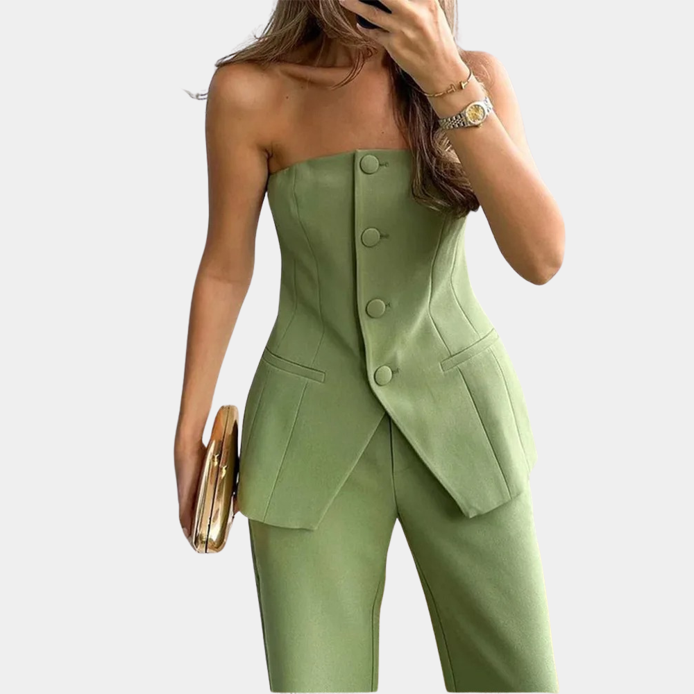 Dina - Chique Straploze Jumpsuit, Elegant met Knopen en Hoge Taille