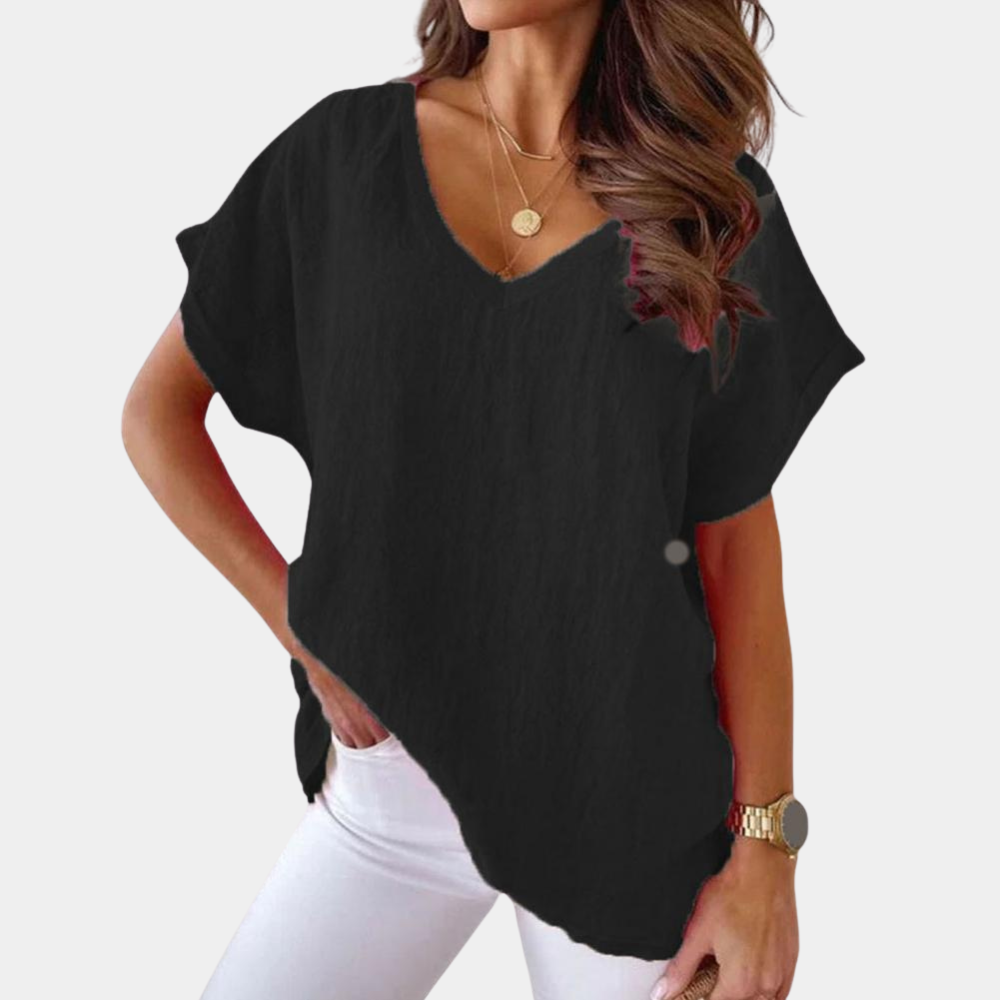 Amira - Lichte Linnen Blouse, Ruimvallend en Elegant met V-hals