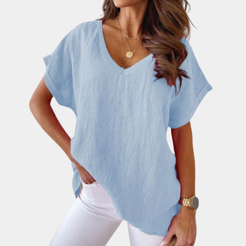 Amira - Lichte Linnen Blouse, Ruimvallend en Elegant met V-hals