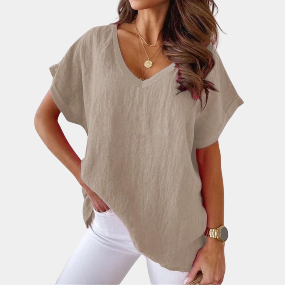 Amira - Lichte Linnen Blouse, Ruimvallend en Elegant met V-hals