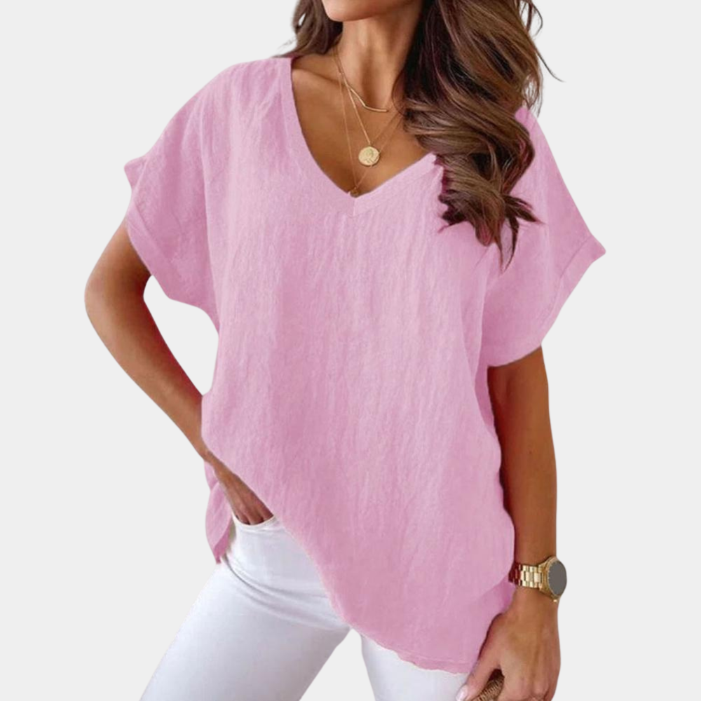 Amira - Lichte Linnen Blouse, Ruimvallend en Elegant met V-hals