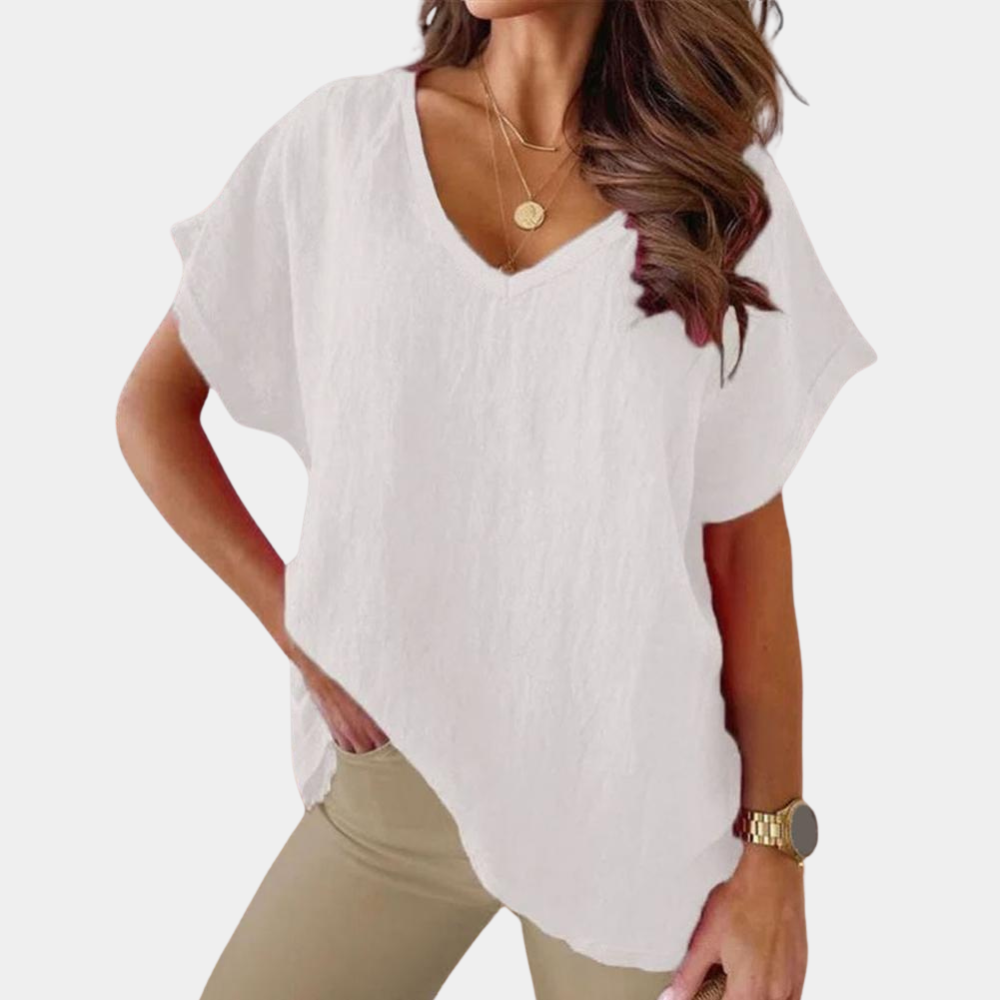 Amira - Lichte Linnen Blouse, Ruimvallend en Elegant met V-hals