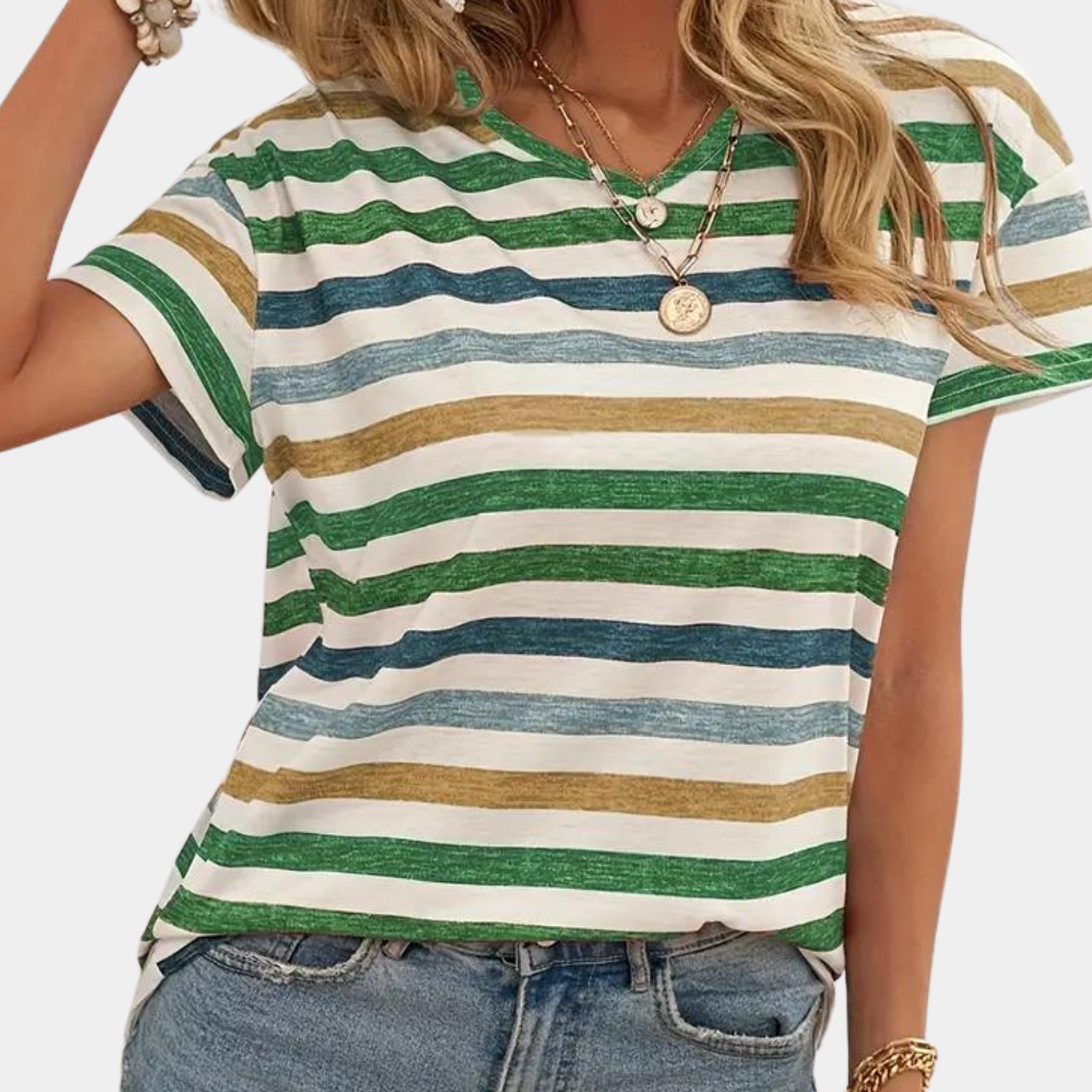 Sienna - Casual Gestreept T-Shirt met V-Hals en Korte Mouwen