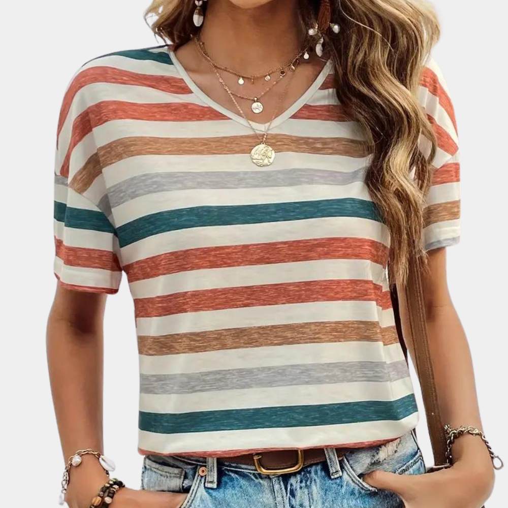 Sienna - Casual Gestreept T-Shirt met V-Hals en Korte Mouwen