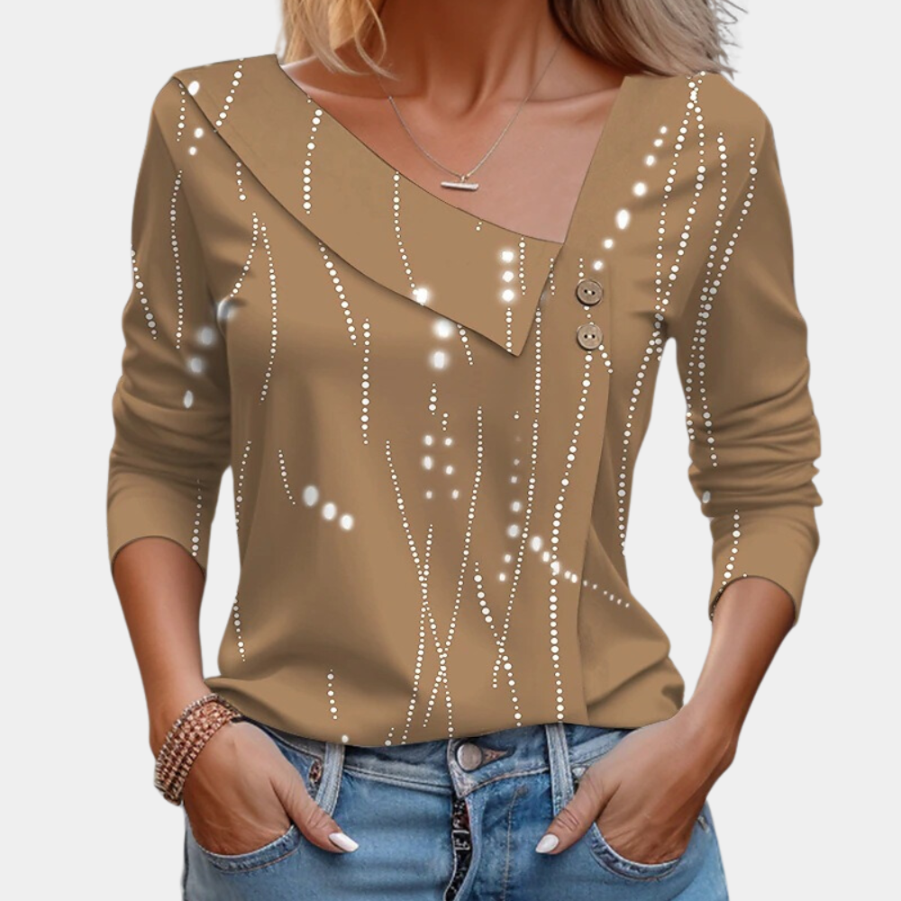 Renate - Vloeiende Blouse Met Asymmetrische Kraag En Fonkelende Motieven