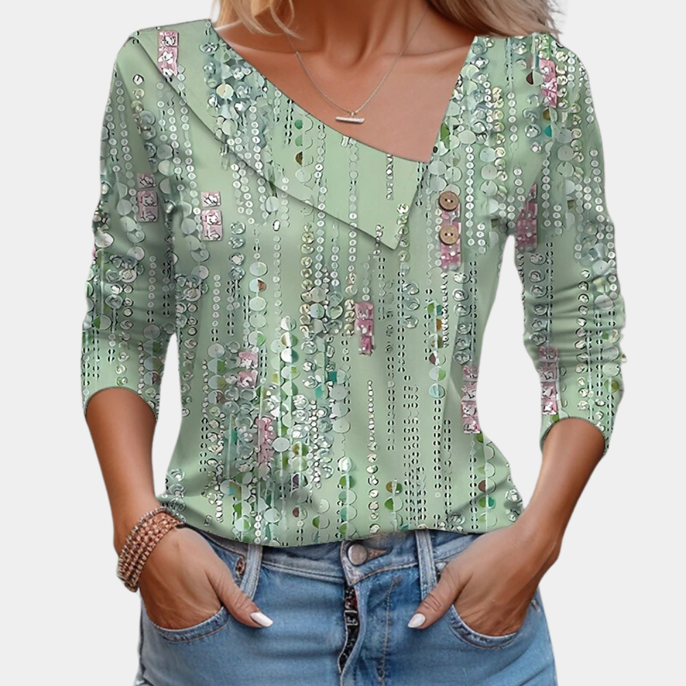 Renate - Vloeiende Blouse Met Asymmetrische Kraag En Fonkelende Motieven
