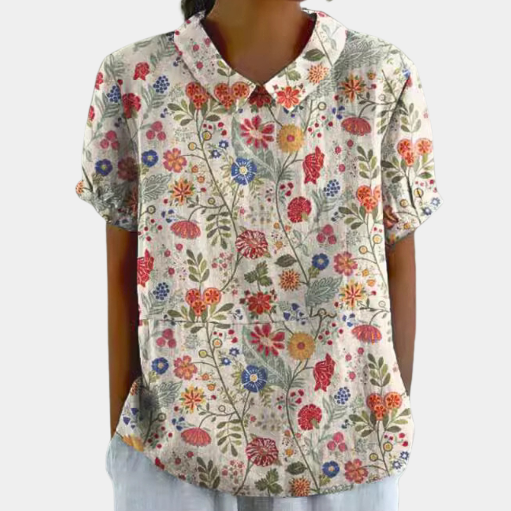 Léna - Ruime Linnen Blouse, Bloemenprint En Vintage Kraag