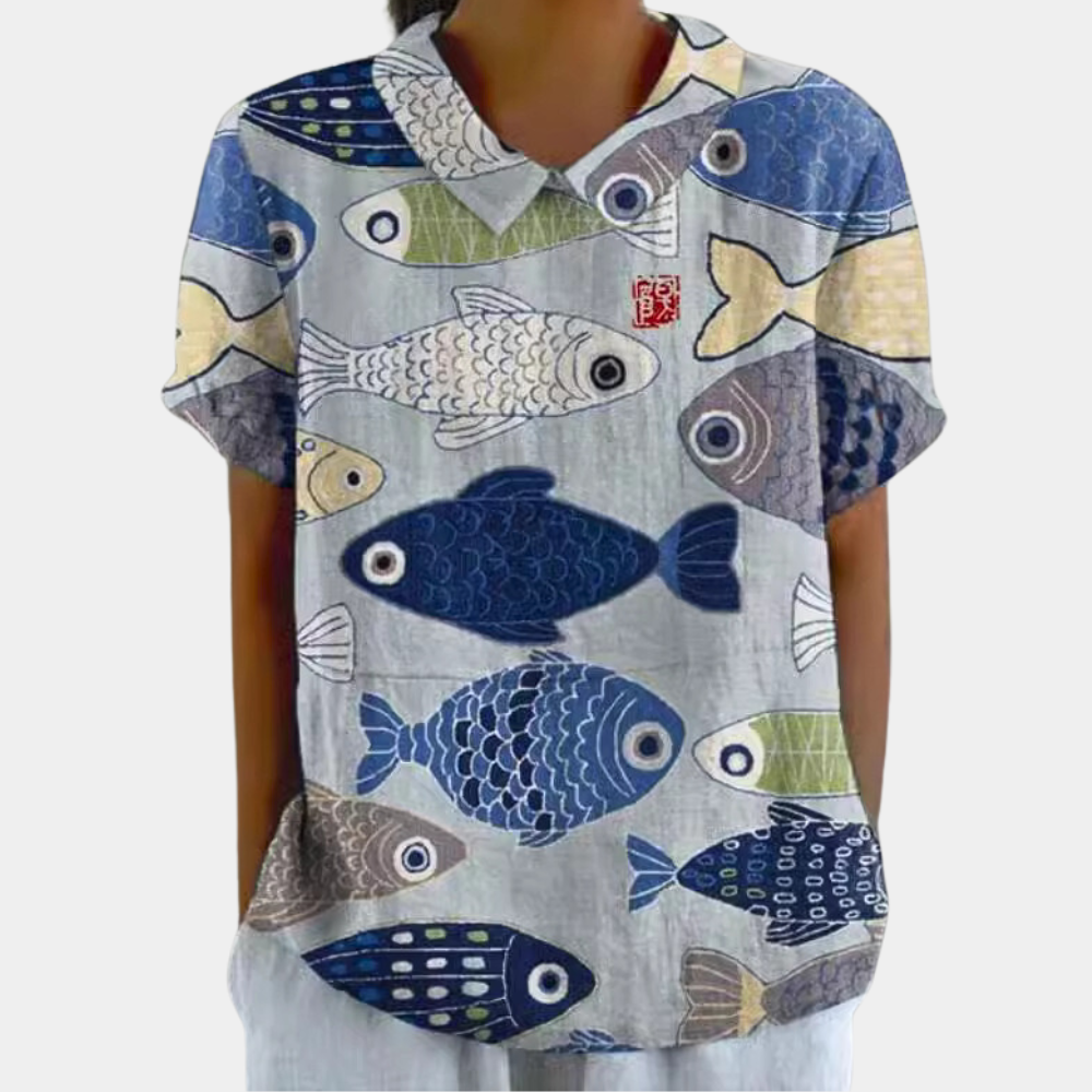 Léna - Ruime Linnen Blouse, Bloemenprint En Vintage Kraag