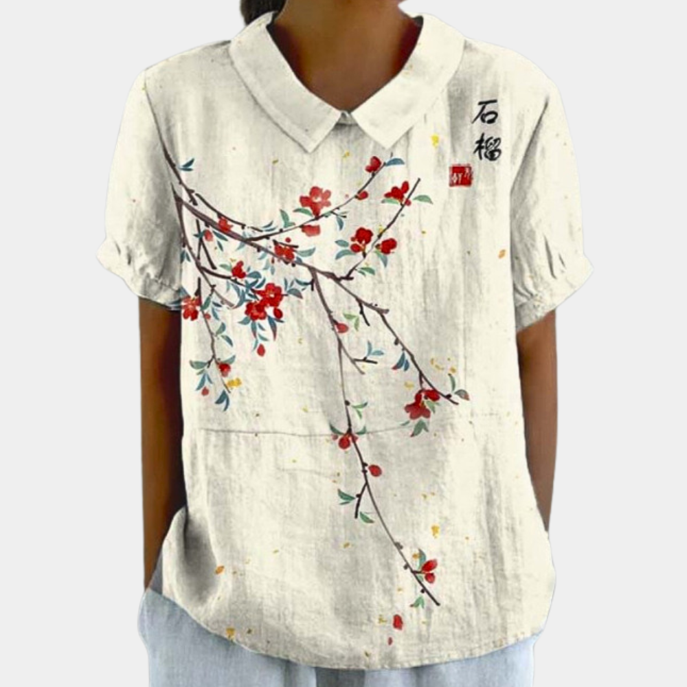 Léna - Ruime Linnen Blouse, Bloemenprint En Vintage Kraag