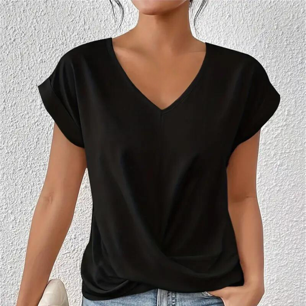 Sophie - Casual V-Hals Top met Korte Mouwen en Drapeer Detail