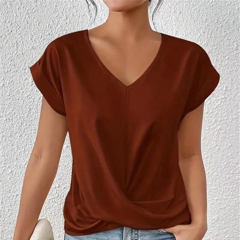 Sophie - Casual V-Hals Top met Korte Mouwen en Drapeer Detail
