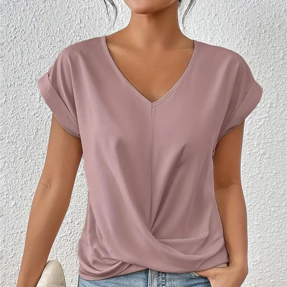 Sophie - Casual V-Hals Top met Korte Mouwen en Drapeer Detail