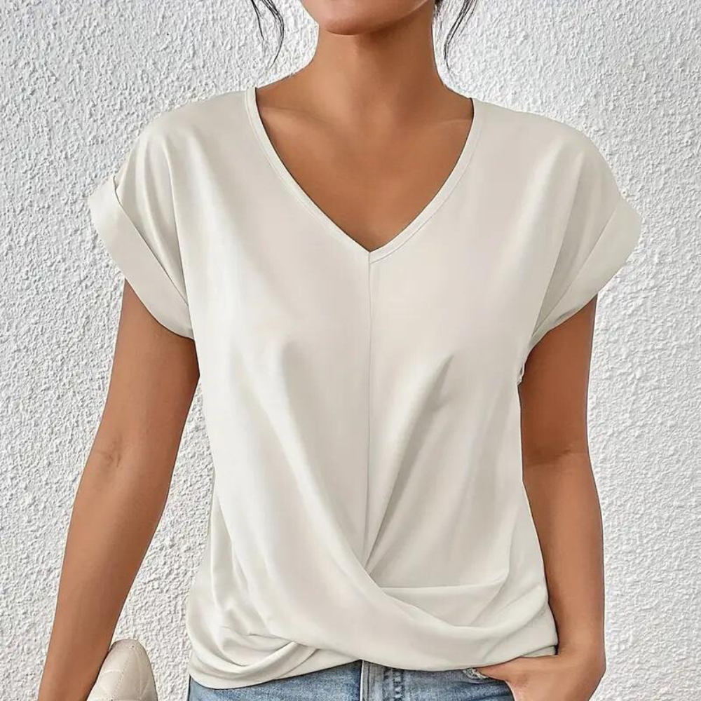 Sophie - Casual V-Hals Top met Korte Mouwen en Drapeer Detail