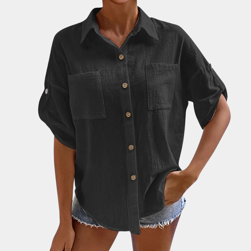 Lena - Casual Oversized Blouse met Knoopsluiting en Korte Mouwen
