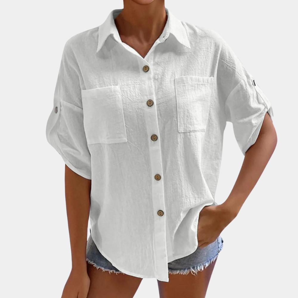 Lena - Casual Oversized Blouse met Knoopsluiting en Korte Mouwen