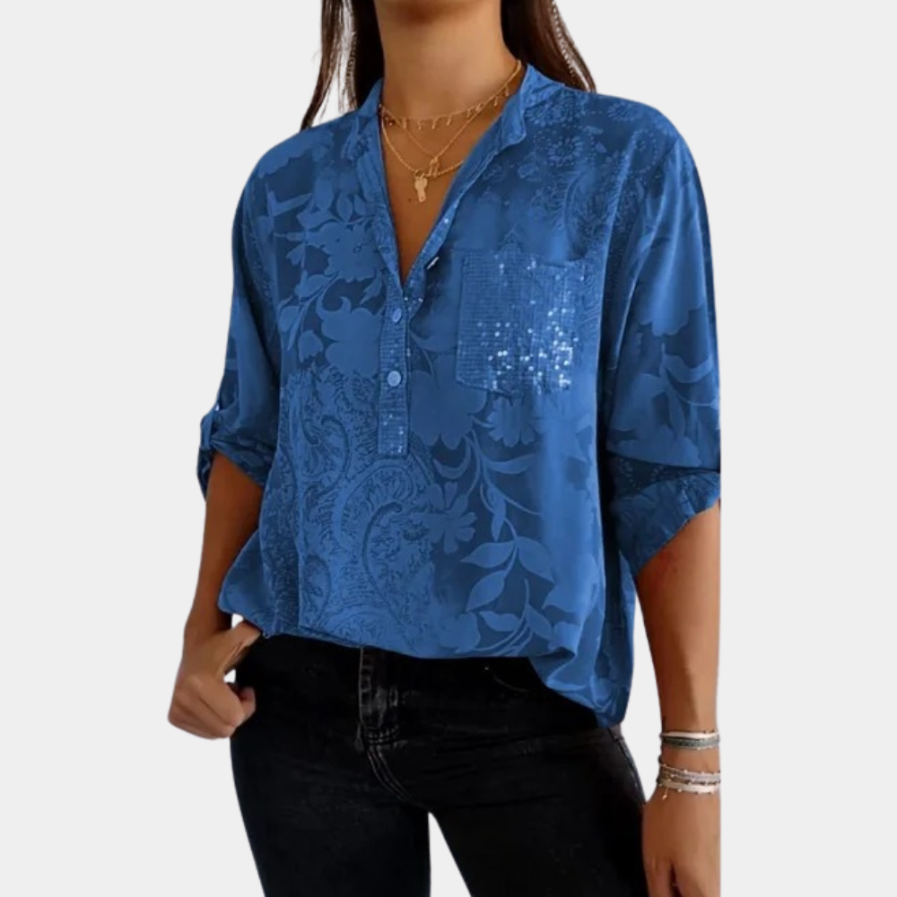 Edith - Elegante Satijnen Blouse, Opgerolde Mouwen En Glanzend Zakdetail