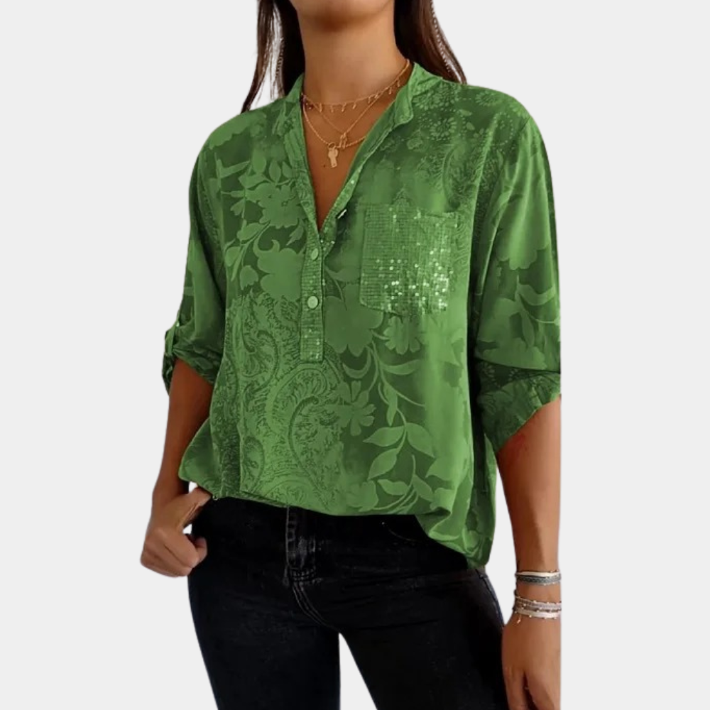 Edith - Elegante Satijnen Blouse, Opgerolde Mouwen En Glanzend Zakdetail