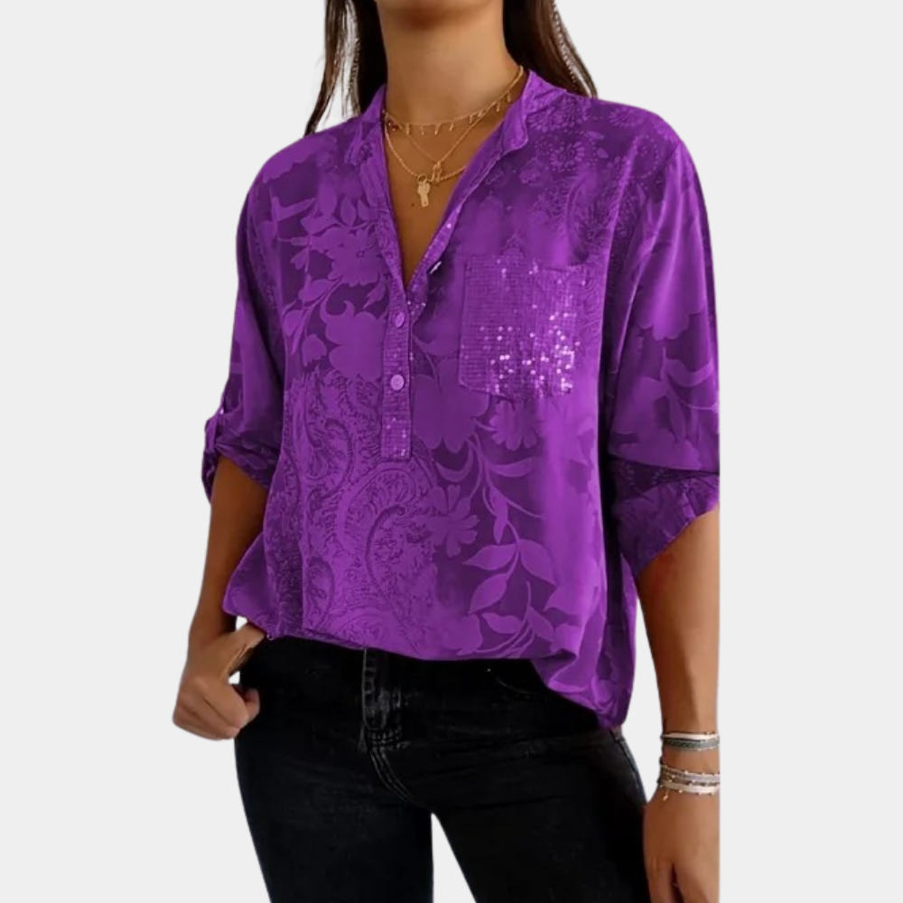 Edith - Elegante Satijnen Blouse, Opgerolde Mouwen En Glanzend Zakdetail