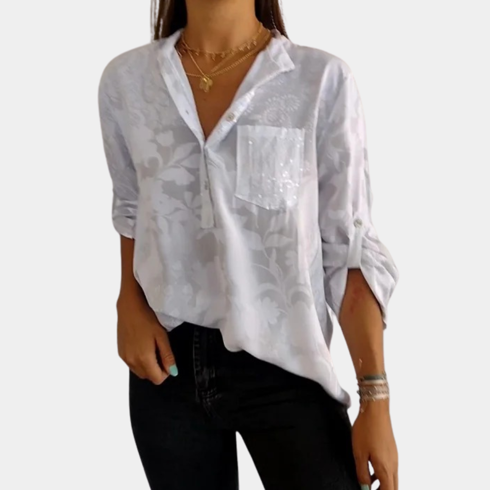 Edith - Elegante Satijnen Blouse, Opgerolde Mouwen En Glanzend Zakdetail