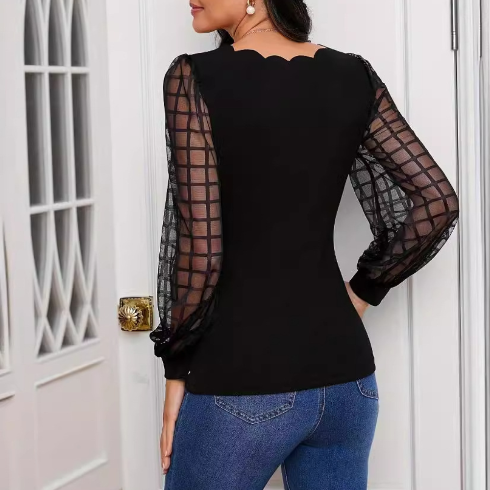 Elena - Elegante Top met Mesh Mouwen en Golvende Halslijn