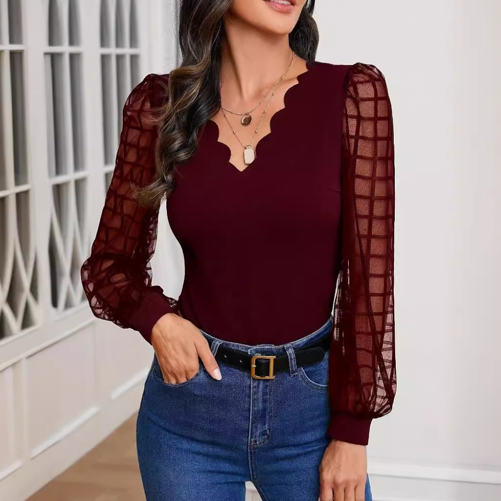 Elena - Elegante Top met Mesh Mouwen en Golvende Halslijn