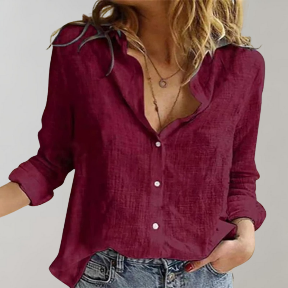 Camille - Luchtige Linnen Blouse met Knoopsluiting en Lange Mouwen