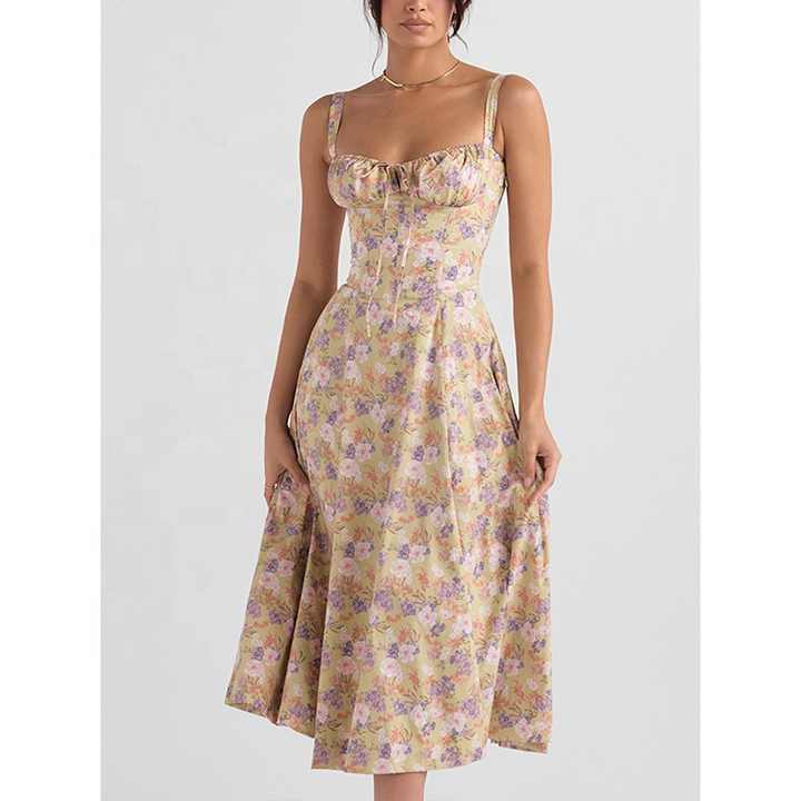 Amélie - Romantische Midi Jurk met Bloemenprint en Korset Top