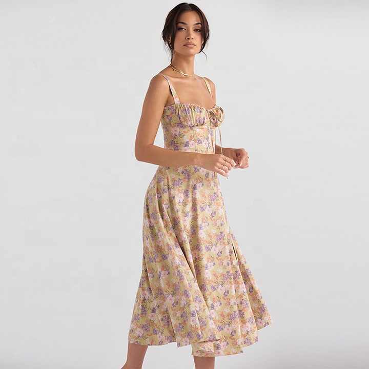 Amélie - Romantische Midi Jurk met Bloemenprint en Korset Top