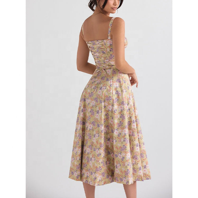 Amélie - Romantische Midi Jurk met Bloemenprint en Korset Top