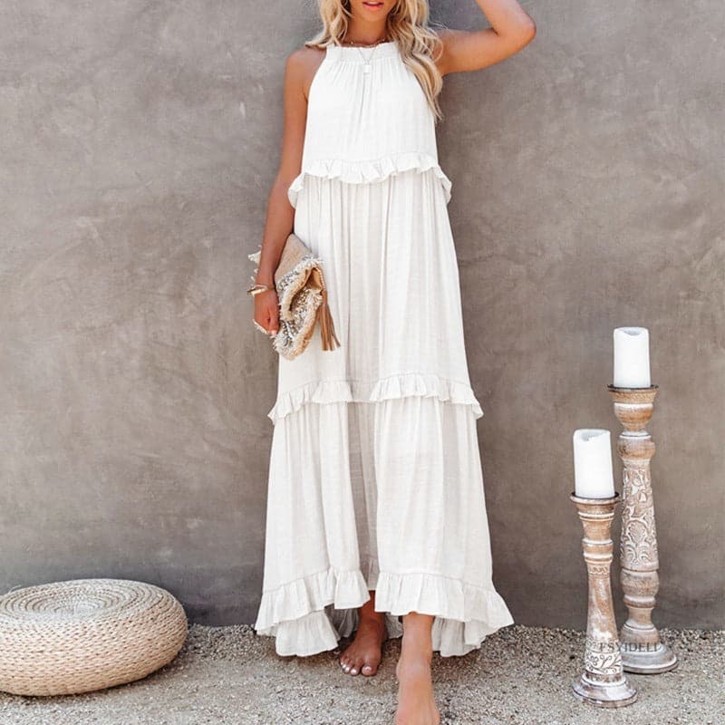 Marion - Lange Bohemian Vloeiende Jurk, Elegant met Volants en Halternek