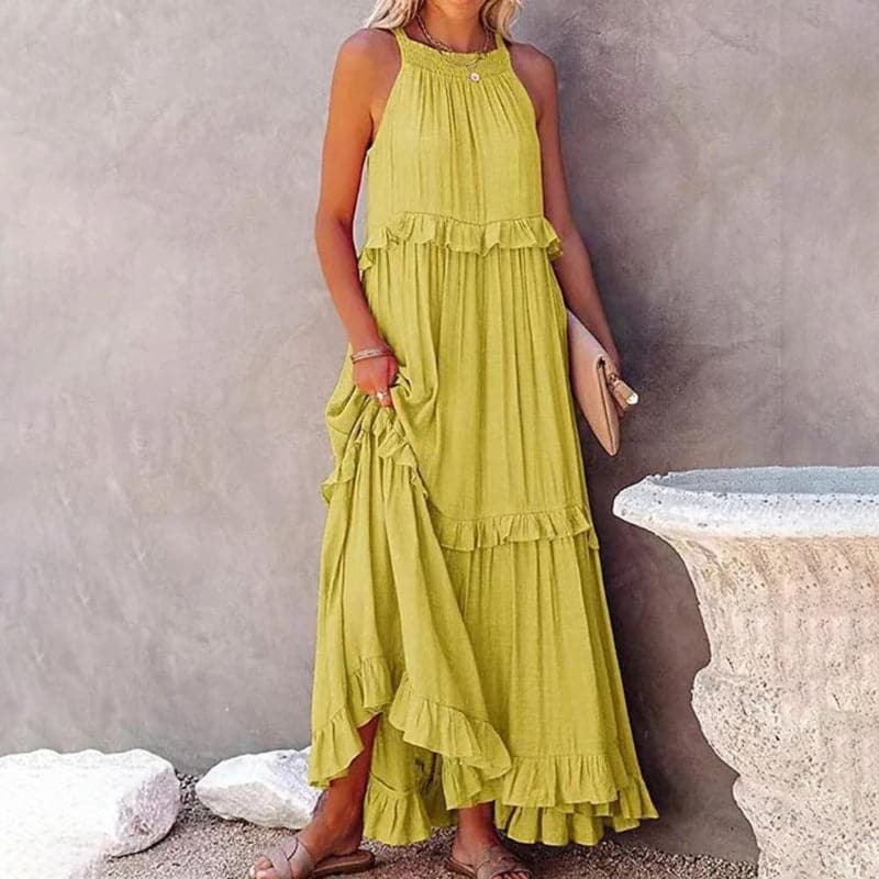 Marion - Lange Bohemian Vloeiende Jurk, Elegant met Volants en Halternek