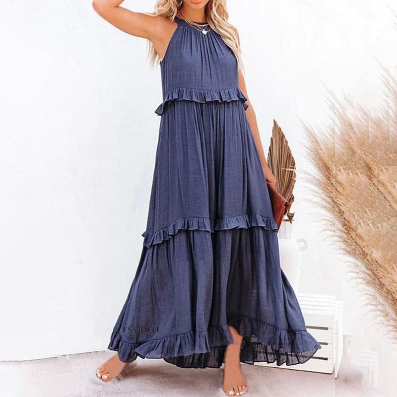 Marion - Lange Bohemian Vloeiende Jurk, Elegant met Volants en Halternek