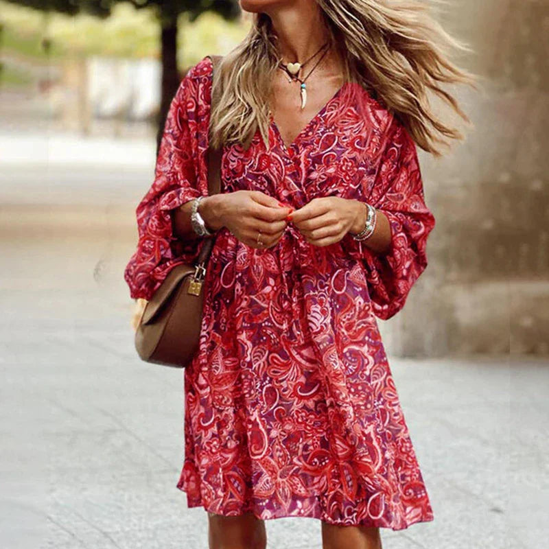 Eilen - Vloeiende Boho Jurk met Bloemenprint en Lange Mouwen