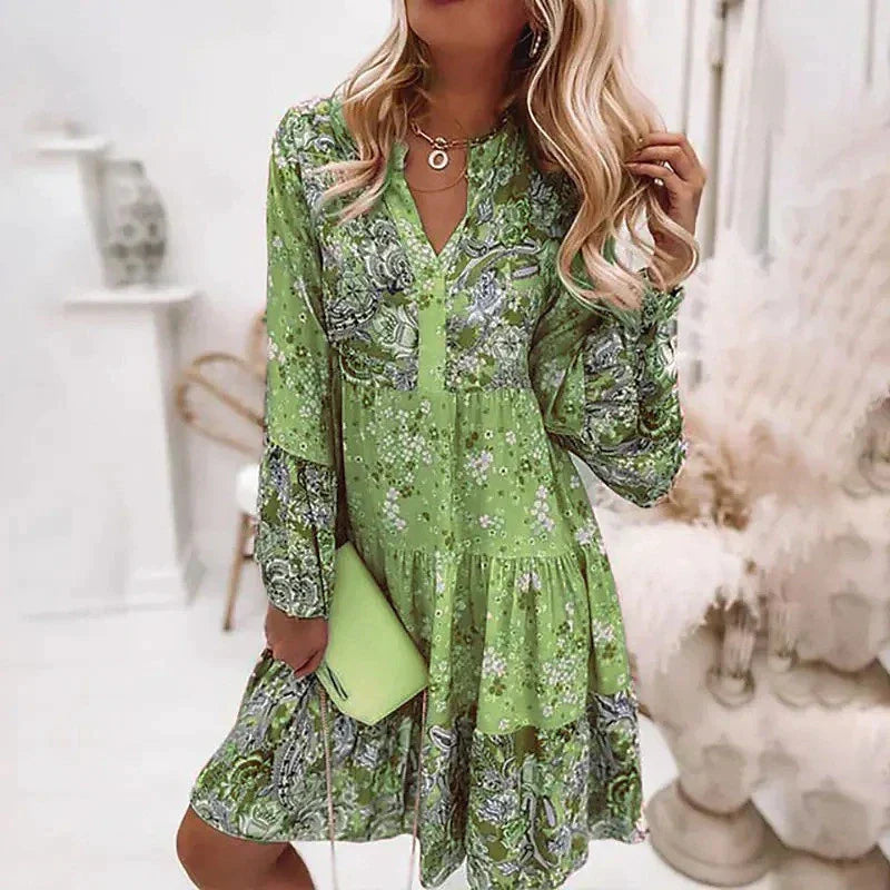 Eilen - Vloeiende Boho Jurk met Bloemenprint en Lange Mouwen