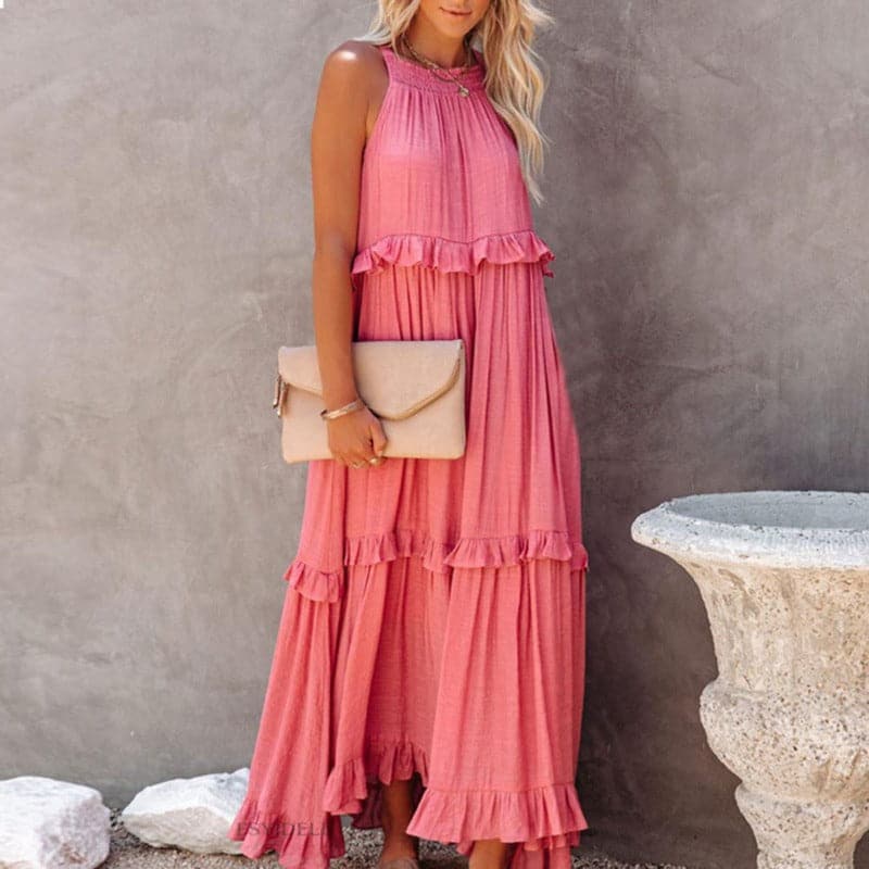 Marion - Lange Bohemian Vloeiende Jurk, Elegant met Volants en Halternek