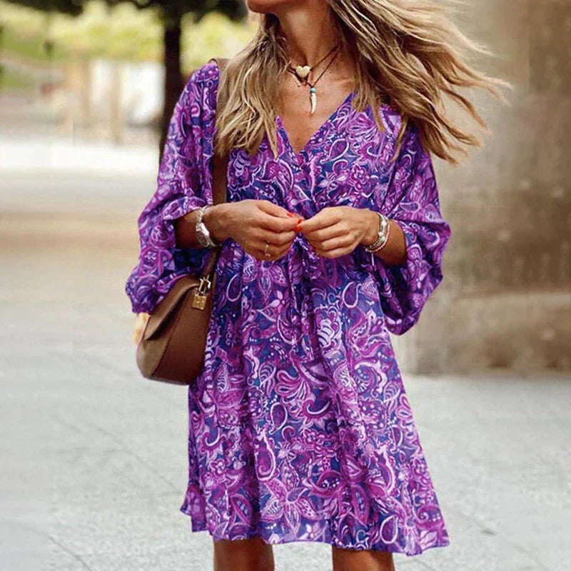 Eilen - Vloeiende Boho Jurk met Bloemenprint en Lange Mouwen