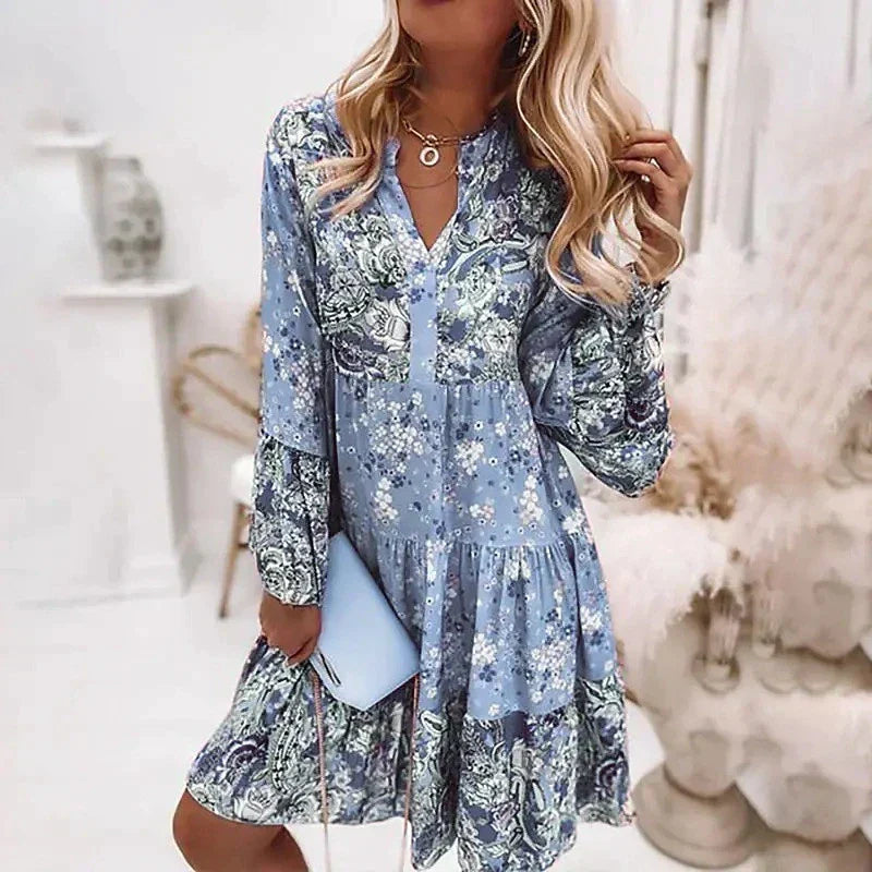 Eilen - Vloeiende Boho Jurk met Bloemenprint en Lange Mouwen