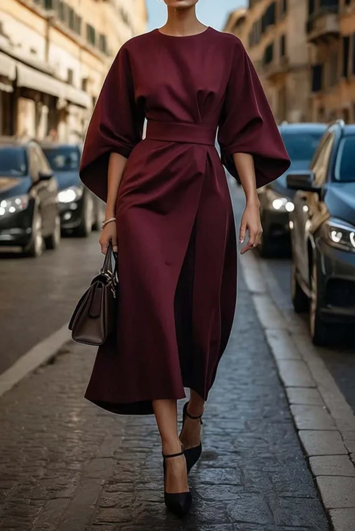 Isadora - Lange Elegante Jurk met Ballonmouwen en Verstelbare Ceintuur