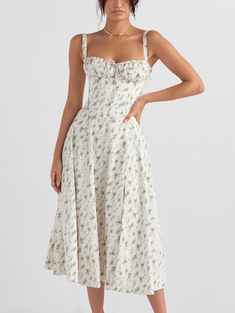 Amélie - Romantische Midi Jurk met Bloemenprint en Korset Top